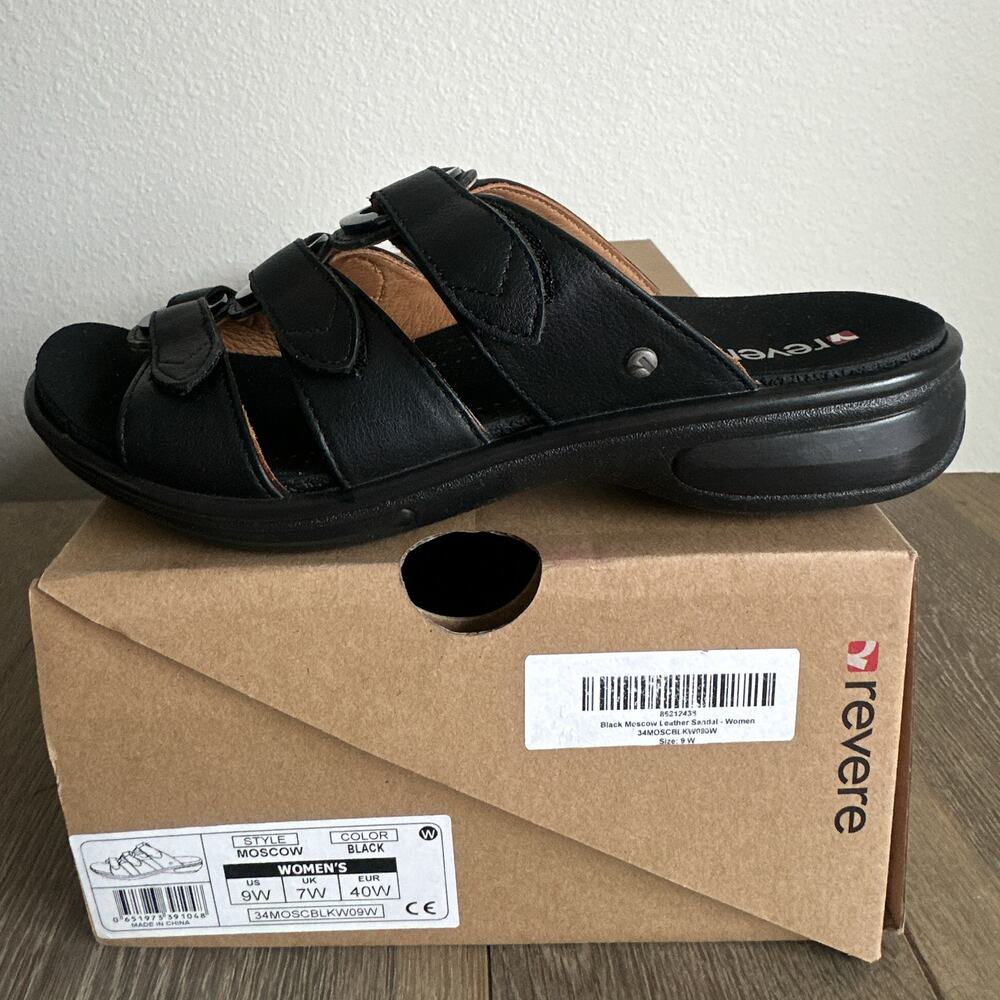 Revere Moscow Black Leather Slide Sandals Adjustable Strap Comfort Women 9 Wide
